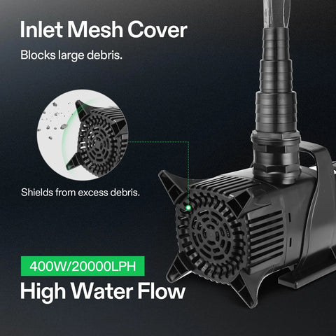 VIVOSUN submersible pond pump, 400W, 20000 LPH, for pond, waterfall, and fish tank.