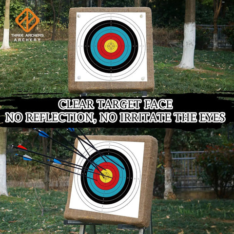 Pro Grade Backyard Archery Target Paper 20 Pack 23 Point 6 Inch 10 Ring Face with arrows in the center on target stand outdoors.