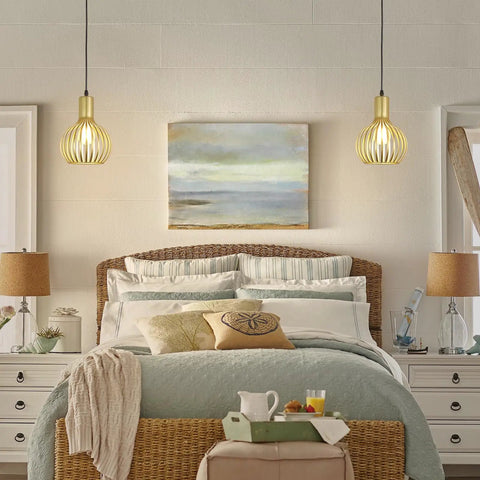 Bedroom with twin Gold Pendant Light Fixture With Adjustable Rope for E26 Bulbs, above bedside tables in vintage farmhouse style.