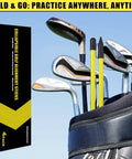 Golf bag with 4 Pack Golf Alignment Sticks 40 Inch Collapsible Swing Path Trainers next to box. Easy fold for home or range use.