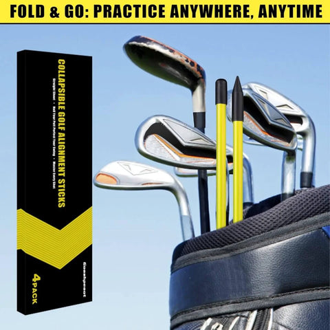 Golf bag with 4 Pack Golf Alignment Sticks 40 Inch Collapsible Swing Path Trainers next to box. Easy fold for home or range use.