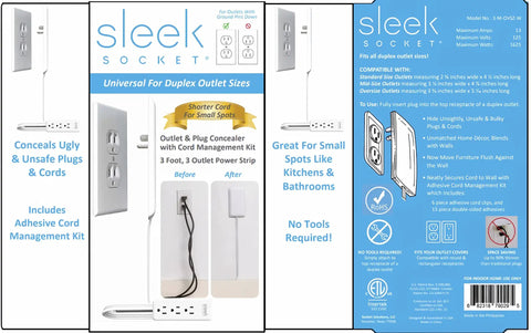 Hide Bulky Cords With A Flat Outlet Concealer And 3 Foot Extension Cord Kit packaging, showcasing ultra thin power strip with outlets