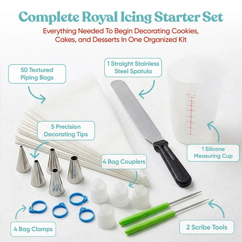 Versatile Big Time Premium 67 Piece Cookie Decorating Kit Featuring Royal Icing Tools includes spatula, bags, tips, and scribe tools.