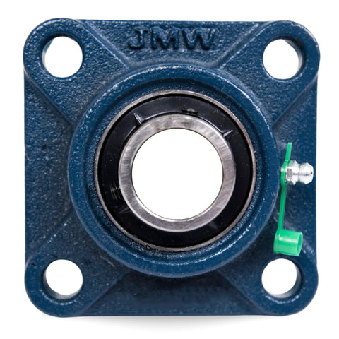 Front view of blue UCF201-8 pillow block bearing with square flange, four mounting holes, 1/2 in bore