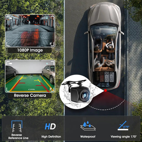 Image of a Plug and Play Wireless CarPlay Car Stereo Road Trip Ready With 7 Inch HD Touchscreen, Apple CarPlay And Android Auto, Backup Camera displaying 1080P reversing image and viewing angles on road.