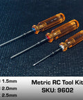 Gen 2 RC Hex Screwdriver Set 1.5mm 2.0mm 2.5mm With Amber Handles for RC Cars Drones Boats and Helicopters Beast Mode Allen Wrenches DIY Repair Tool Kit Made in USA displayed on a textured background showing three sizes with amber handles and laser-etched details.