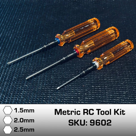 Gen 2 RC Hex Screwdriver Set 1.5mm 2.0mm 2.5mm With Amber Handles for RC Cars Drones Boats and Helicopters Beast Mode Allen Wrenches DIY Repair Tool Kit Made in USA displayed on a textured background showing three sizes with amber handles and laser-etched details.
