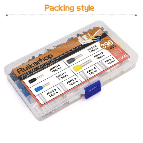 390 Pieces Wire Ferrule Kit For AWG 2 To 16 Copper Crimp Terminals With Insulated Sleeves in clear plastic box