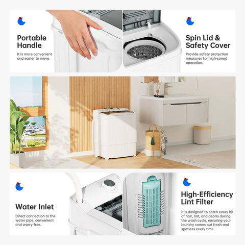 Top Tier Compact Portable Washing Machine With Fast Spin Dryer, Straight Up Solid Mini Semi Automatic Laundry Washer showing features like portable handle and high-efficiency lint filter.
