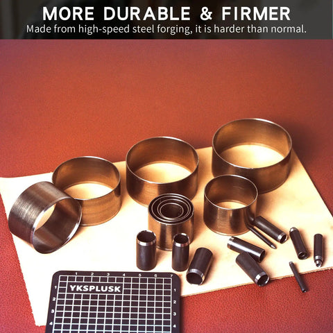 Leather Circle Cutter Set 31 Piece Circle Punch Kit with 1mm to 55mm Holes, shown on a leather sheet with measuring grid pad.