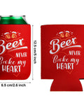 Snag This Awesome Bulk Set Of Eight Different Funny Quote Insulated Neoprene Can Coolers That Collapse For Easy Storage Great For Keeping Your Soda And Beer Cans Cold At BBQs Parties And More, focus on red cooler with 'Beer never broke my heart' quote