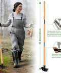 Woman holding Long Bamboo Handle Weed Puller Tool 2 In 1 Garden Hoe And Weed Remover With Rake And Grabber, length details shown