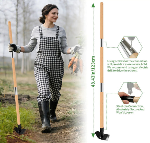 Woman holding Long Bamboo Handle Weed Puller Tool 2 In 1 Garden Hoe And Weed Remover With Rake And Grabber, length details shown