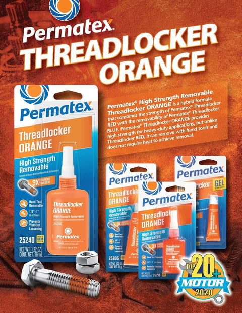 Front view of Permatex Threadlocker Orange packaging; orange liquid bottle with bolt and nut in foreground.