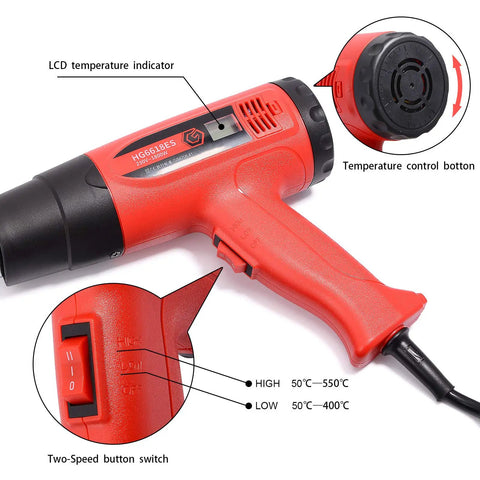 1800W heat gun with LCD temperature indicator, part of Pro Grade Car Window Tint And Vinyl Wrap Tool Kit.