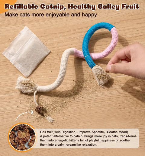 Cat Chew Rope Toys 4 Pack For Indoor Cats With Refillable Catnip Pouch, colorful cotton rope with a hand adding catnip.
