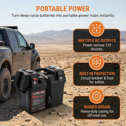 Hardcore 12V Smart Battery Box With Pd Quick Charge Port Anderson Plug Digital Voltmeter Circuit Breaker For Rv Van Suv Overland Grind And Camp Setup on rocky terrain beside an SUV.