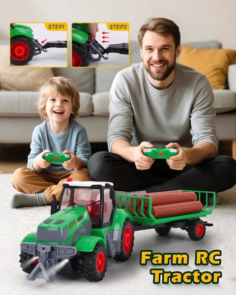 Father and son playing with One Twenty Fourth Scale RC Farm Truck With Detachable Trailer And Wood Logs Realistic Lights Rechargeable Battery