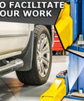 Badass 46 Piece Car Lift Install Kit Featuring Slick Wedge Anchor Bolts And Precision Leveling Shim Set For Two Post Garages, showing tire next to lift.