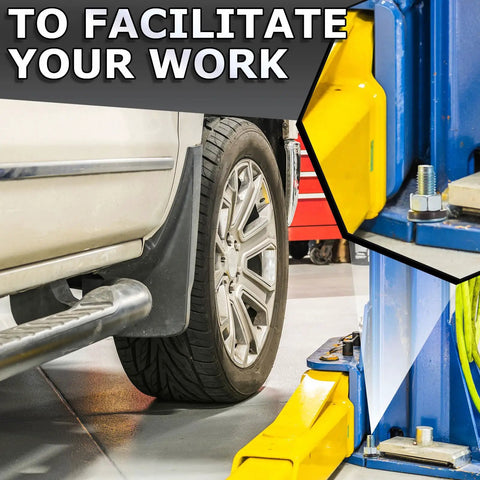 Badass 46 Piece Car Lift Install Kit Featuring Slick Wedge Anchor Bolts And Precision Leveling Shim Set For Two Post Garages, showing tire next to lift.