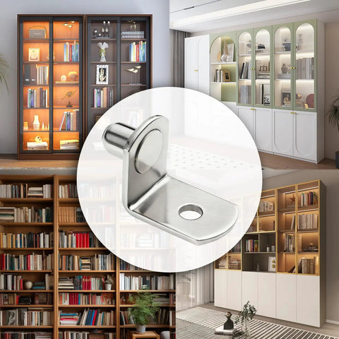 Rock Solid Heavy Duty Metal Shelf Pegs Rust Proof Support Pins For Wood Shelving Smooth Burr Free Coating Durable 30 Piece Pack close-up with modern shelves.