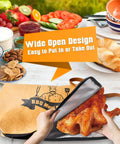 Person placing cooked chicken into BBQ thermal blanket, with wide open design, near picnic setup. 21 Inch BBQ Thermal Blanket For Resting Meat And Heat Resistant Nonstick Grill Tool Set For Outdoor Camping And Backyard Grilling Reusable Waterproof Heavy Duty Barbecue Gear Gift For Dad And Grill Fans.
