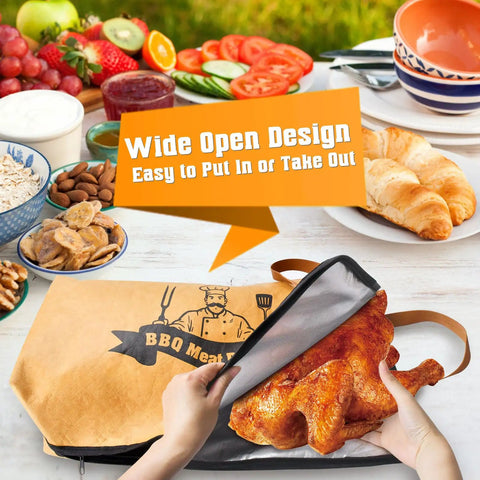 Person placing cooked chicken into BBQ thermal blanket, with wide open design, near picnic setup. 21 Inch BBQ Thermal Blanket For Resting Meat And Heat Resistant Nonstick Grill Tool Set For Outdoor Camping And Backyard Grilling Reusable Waterproof Heavy Duty Barbecue Gear Gift For Dad And Grill Fans.