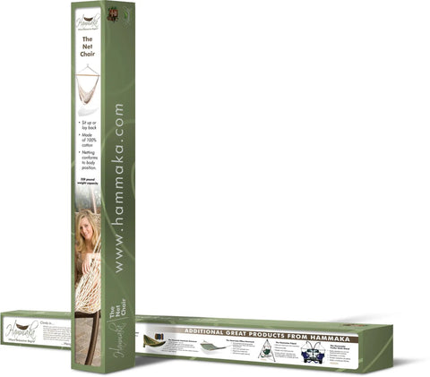 Packaging of Chill Out Hammock Net Chair With Breathable Cotton Netting No Assembly Needed Conforms To Your Body For Maximum Comfort