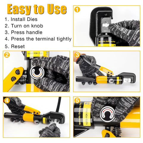 Close-up and side views of 10 Ton Hydraulic Crimping Tool Kit With 9 Dies For 12 AWG To 2/0 Battery Cables Easy To Operate Crimper