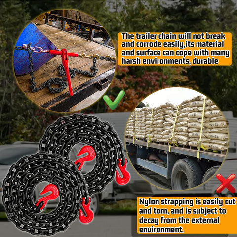 3/8 Inch Transport Binder Chain 10 Foot With G80 Grade Heavy Duty Towing Chain, G70 Clevis Grab Hooks, 7100 Lb Working Load Limit