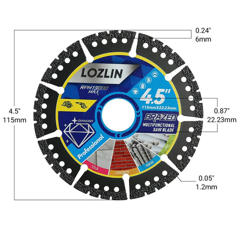 Front view of LOZLIN 4.5-inch diamond blade, multi-purpose blade for cutting marble/stone/tile/metal/plastic; 3-pack