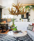 Rustic Deer Antler Chandelier With Double Layer Resin Antlers Four Lights Seven Antlers Farmhouse Vibe in living room