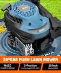 Close-up of a 20 Inch Gas Lawn Mower With 144cc 4 Cycle Engine showing engine and cutting height details on a grass background.