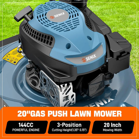 Close-up of a 20 Inch Gas Lawn Mower With 144cc 4 Cycle Engine showing engine and cutting height details on a grass background.