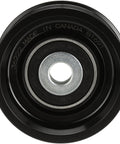 Front view of DriveAlign belt drive idler pulley, black outer wheel with silver center bore.