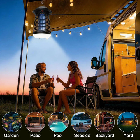 Outdoor And Indoor Mosquito Killer Zapper With Beastly 4200V High Powered Waterproof Design hanging above couple on patio