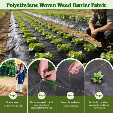 Heavy Duty Weed Barrier Landscape Fabric 4Ft Wide 300Ft Long With 120 U Shaped Securing Pegs shown in garden use