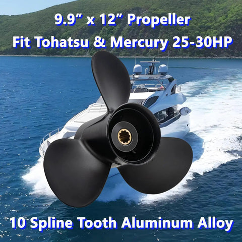 9.9 x 12 Aluminum Outboard Propeller For Tohatsu Mercury 25 30HP, 10 Spline Tooth, Right Hand Rotation, Model 3R0B64525-0 Replacement, Drop In Fit, Lightweight Marine Performance For Smooth Acceleration