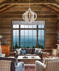 Farmhouse Style 5 Light Wood Chandelier Light Fixture For Kitchen Island Foyer Dining Room Living Room White Finish Cozy Rustic Pendant Lighting With Modern Vibe For Your Home in log cabin living room