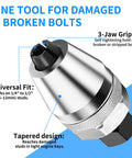 Damaged Bolt Extractor and Stud Remover Tool for One Quarter to One Half Inch Bolts, heavy-duty chrome moly steel, shown with universal fit 3-jaw grip.