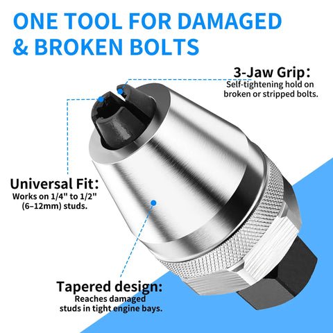 Damaged Bolt Extractor and Stud Remover Tool for One Quarter to One Half Inch Bolts, heavy-duty chrome moly steel, shown with universal fit 3-jaw grip.