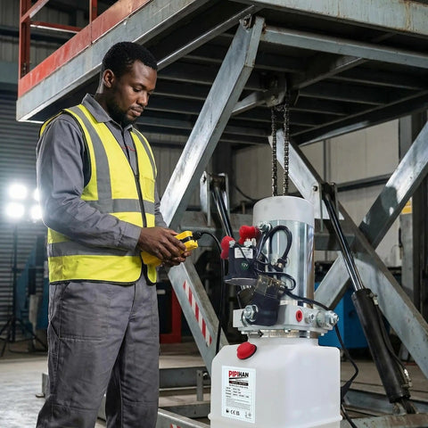 Worker operating Double Acting 12V DC Hydraulic Pump With 4 Quart Plastic Reservoir, 3200 PSI Power Unit, SAE6 Connector