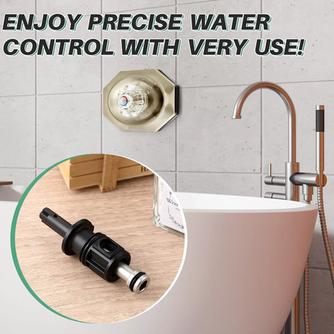 Dreyoo tub/shower cartridge replacement with metal stem; black plastic body shown near copper bathroom faucet.