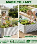 Woman and child tending Three Pack 8x4 Ft Galvanized Steel Raised Garden Beds for veggies, herbs, and flowers in backyard