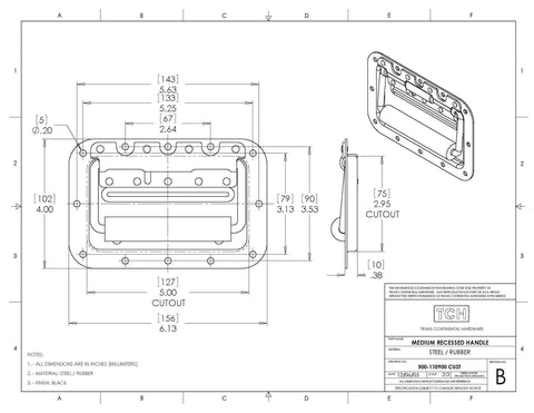 Technical drawing of Two Pack Medium Spring Loaded Recessed Handles in Black Powder Coat on Sixteen Gauge Steel with Padded Grips.
