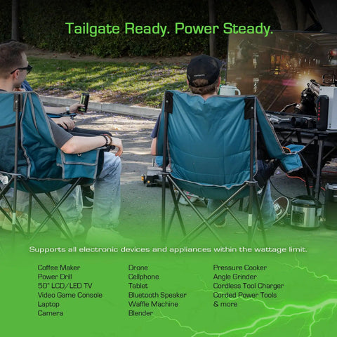 Two people lounging in portable chairs at a tailgate with a TV setup, showcasing the Road Ready 1000W Power Inverter 2000W Peak DC 12 Volt To AC 120 Volt Converter.