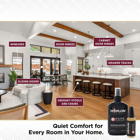 Interior showing uses for All-In-One 5oz Synthetic Ester Lubricant Spray With Precision Needle For Door Hinges, Garage Doors, Sliding Tracks