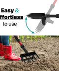 Heavy Duty Garden Pitch Fork With 5 Tines And 41 Inch Fiberglass Handle D Grip For Digging Soil, tool in action in garden