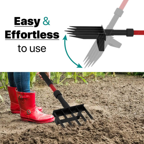 Heavy Duty Garden Pitch Fork With 5 Tines And 41 Inch Fiberglass Handle D Grip For Digging Soil, tool in action in garden