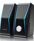 Black Dope Hi Fi PC Speakers with Bluetooth 5.0 and 3.5mm AUX input, featuring blue RGB lighting and control knob.